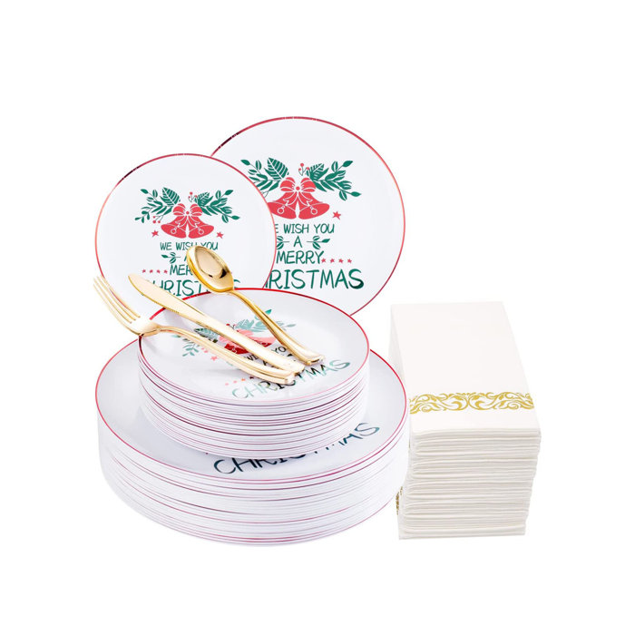OPTERWQ 175 Pcs Disposable Christmas Plastic Cutlery Set Plates